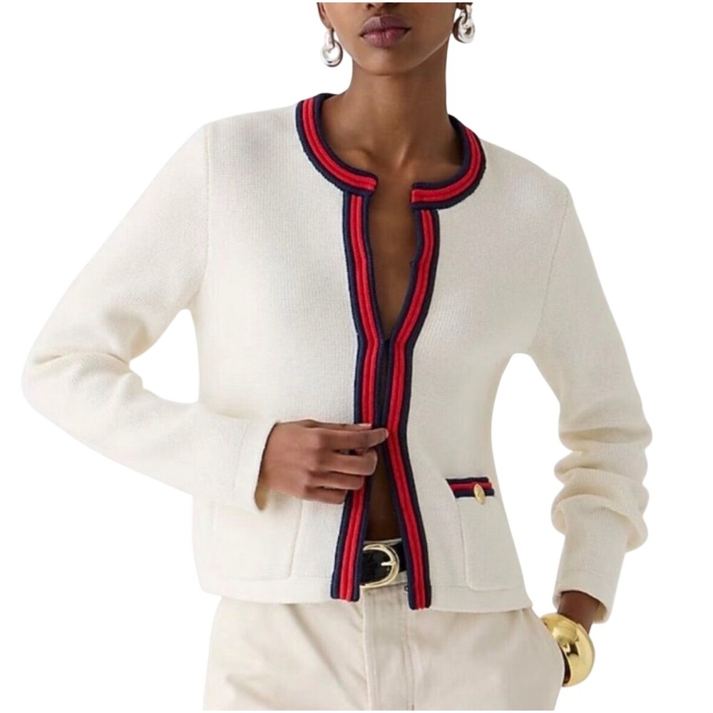 J.Crew Emilie Patch-Pocket Sweater Lady Jacket BX470 Ivory Navy Red Size M